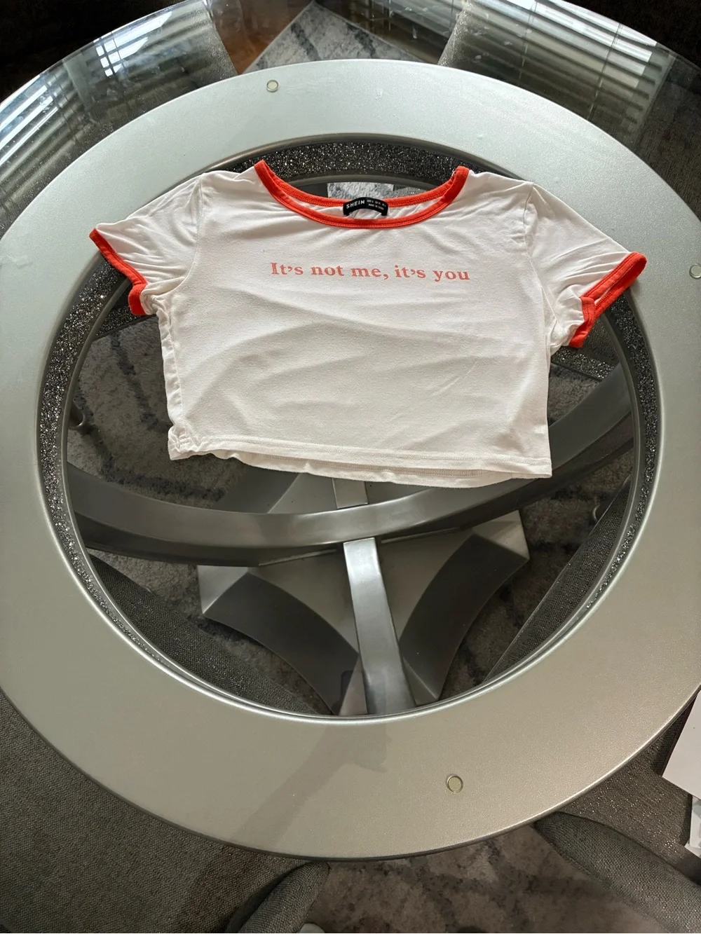 SHEIN White Cropped Tee with Orange Trim & Slogan